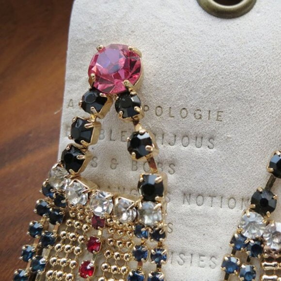 Anthropologie Crystal Fringe Tassel Earrings Pink Glittery Dressy Timeless - Picture 2 of 3